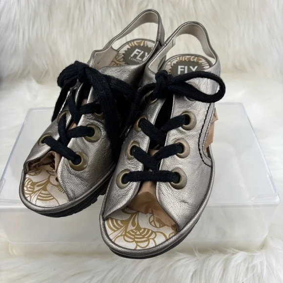 Fly London Silver Wedges Sandals Fashion-Forward Metallic - Picture 4 of 9